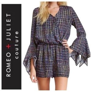 Romeo & Juliet Couture Multi Abstract Bell Sleeve Romper M Bohemian NWT